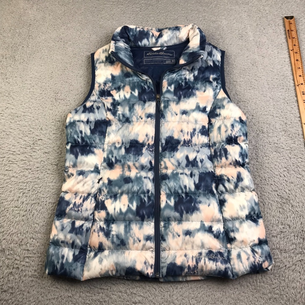 Eddie Bauer Vest Womens M Blue Tie Dye EB650 Down Insulated Zip Up Puffer Jacket